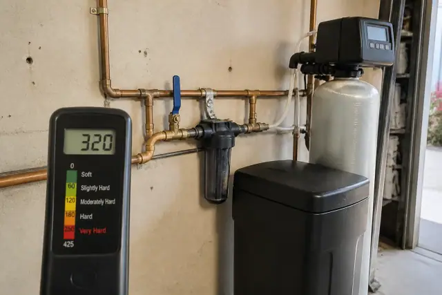 Digital water hardness tester showing high levels on copper plumbing in a residential garage in Mesa, AZ.