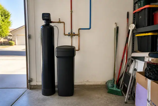 Water softener system with PEX plumbing installed in a residential garage in Mesa, AZ.