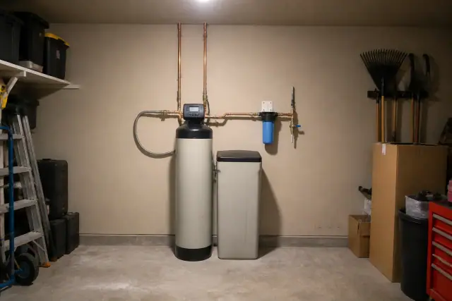 Water softener system with copper piping installed in a residential garage in Mesa, AZ.