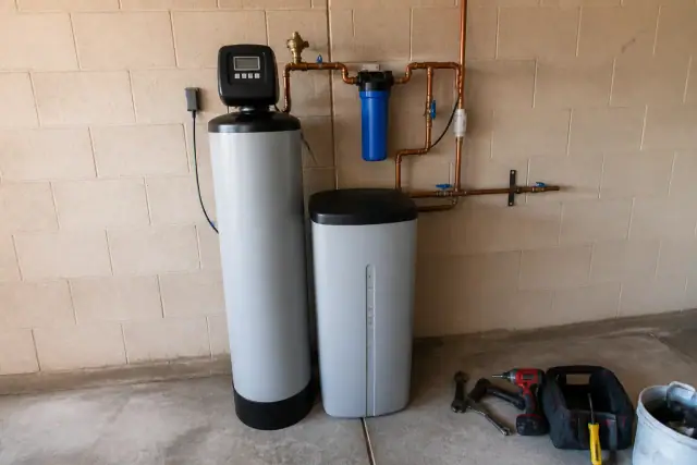 Water softener system with a brine tank and plumbing installed against a beige concrete wall in a Mesa, AZ garage.