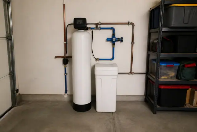 White water softener tank with blue plumbing installed in a garage in Mesa, AZ.
