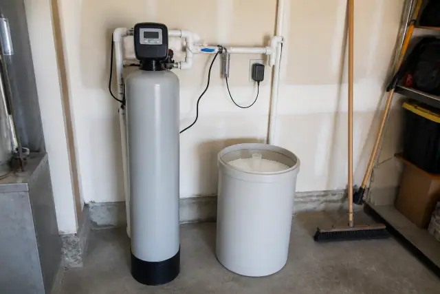 Freshly serviced water softener with a clean brine tank installed in a residential garage in Mesa, AZ.