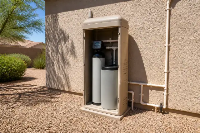Water softener with a beige protective enclosure installed on an exterior wall at a home in Mesa, AZ.