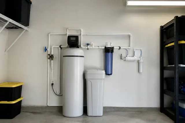 Water softener and filtration system installed on a garage utility wall in Mesa, AZ.