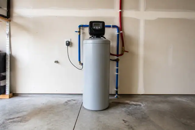 Water softener installed with PEX plumbing on a residential garage wall in Mesa, AZ.