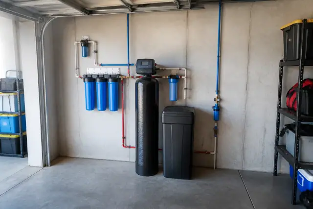 Salt-free water softener and well-water filtration system installed on a garage wall in Mesa, AZ.