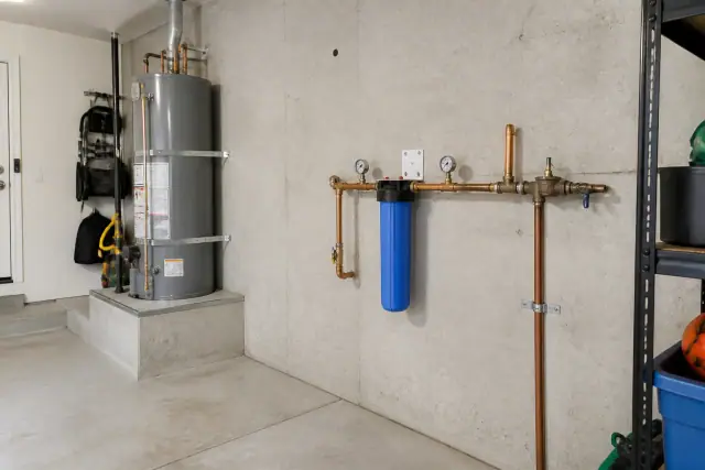 Whole-house water filter system with blue housing and copper pipes installed in a residential garage in Mesa, AZ.