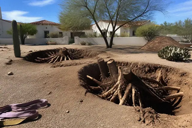 Excavated soil and exposed root systems from tree removal in a residential yard in Phoenix, AZ.