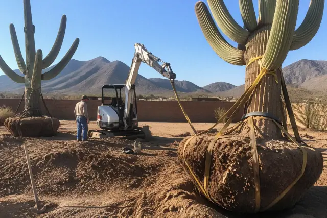 Heavy machinery preparing mature cacti for relocation in a residential backyard in Phoenix, AZ.