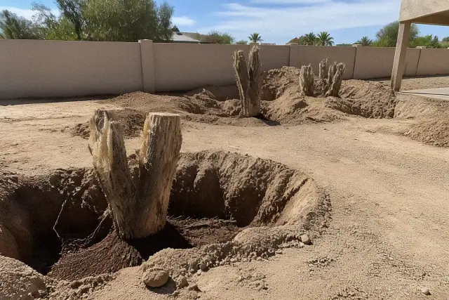 Cactus removal worksite with excavated root balls and stumps in a residential backyard in Phoenix, AZ.
