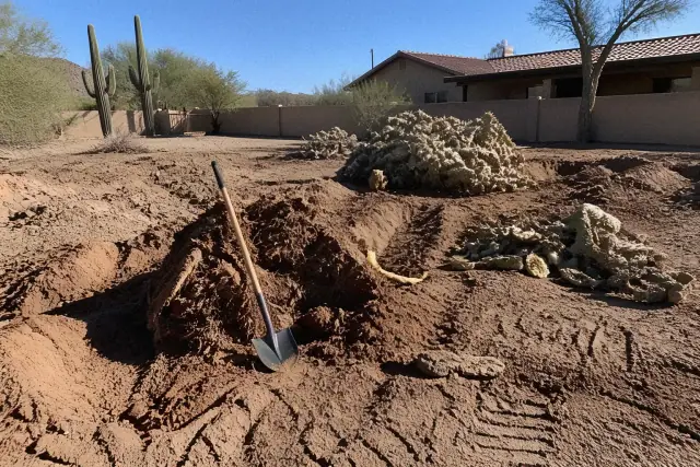 Cactus removal site with unearthed root balls and a shovel in a residential yard in Phoenix, AZ.