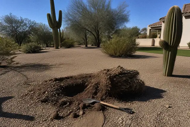 A large cactus removed from a residential backyard with root debris and a shovel on the ground in Phoenix, AZ.