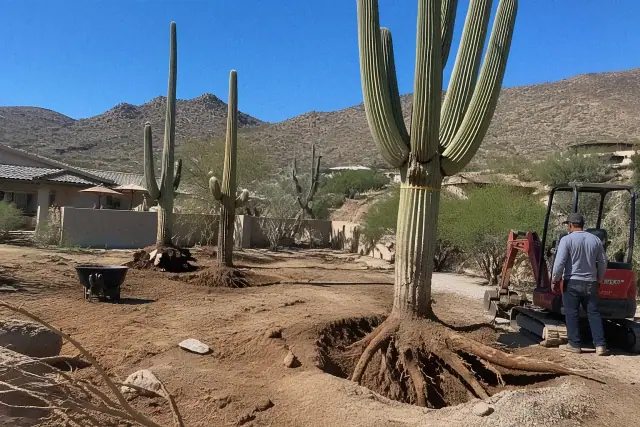 Mature cacti in a Phoenix, AZ residential backyard prepared for root extraction with exposed dirt and desert mountains.