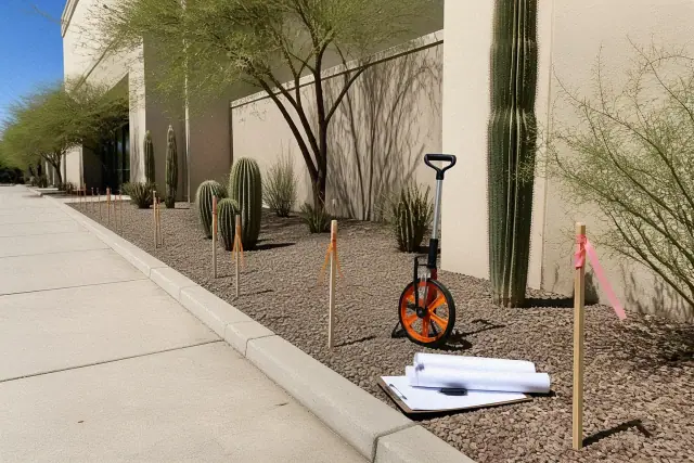 Survey stakes and measuring wheel for cactus removal planning at a commercial property in Phoenix, AZ.