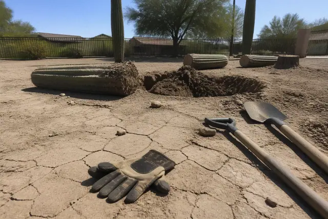 Worker preparing a saguaro cactus for removal using heavy machinery in a residential backyard in Phoenix, AZ.