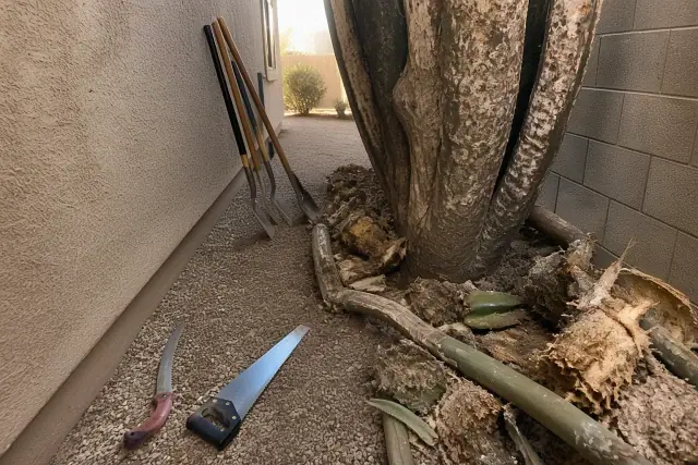 Worker removing overgrown succulents in a narrow side yard between stucco walls in Phoenix, AZ.