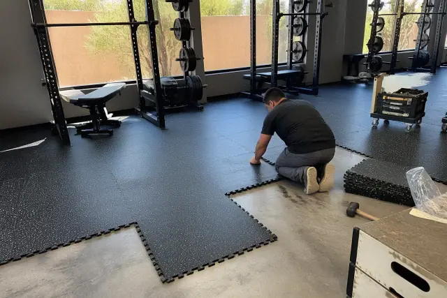 Technician installing interlocking rubber gym flooring onto a concrete slab in Phoenix, AZ.