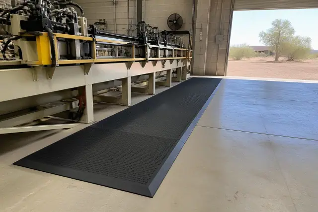 Anti-fatigue rubber mats installed by industrial machinery on a concrete floor in Phoenix, AZ.