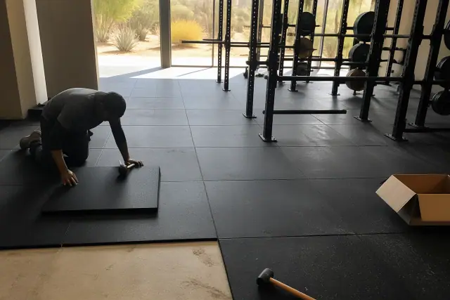 Technician installing heavy-duty rubber gym flooring on a concrete slab in a Phoenix, AZ fitness facility.