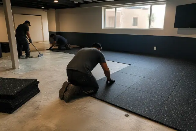 Crew members installing rubber flooring in a residential basement in Phoenix, AZ.