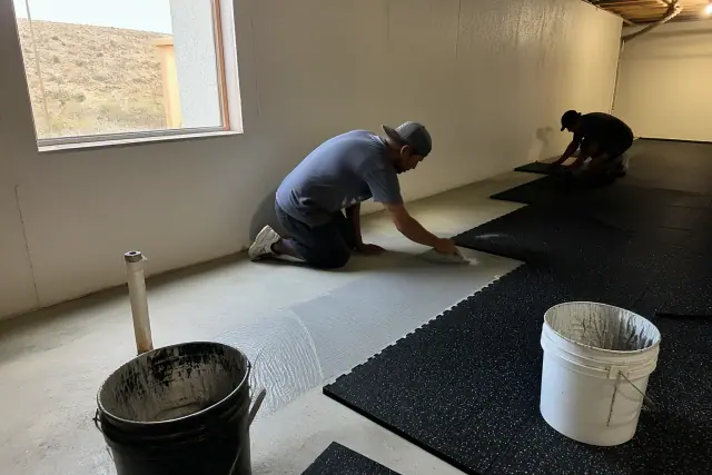 Construction crew installing rubber flooring in a Phoenix, AZ basement.