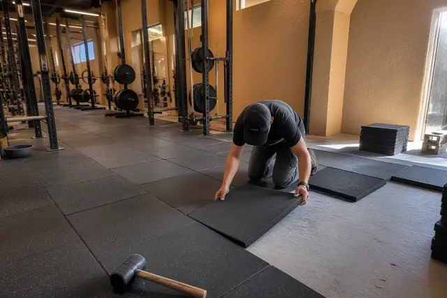 Contractor installing heavy-duty rubber floor tiles in a Phoenix, AZ gym.