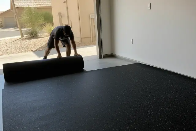 Worker unrolls recycled rubber flooring across a concrete garage floor in Phoenix, AZ.