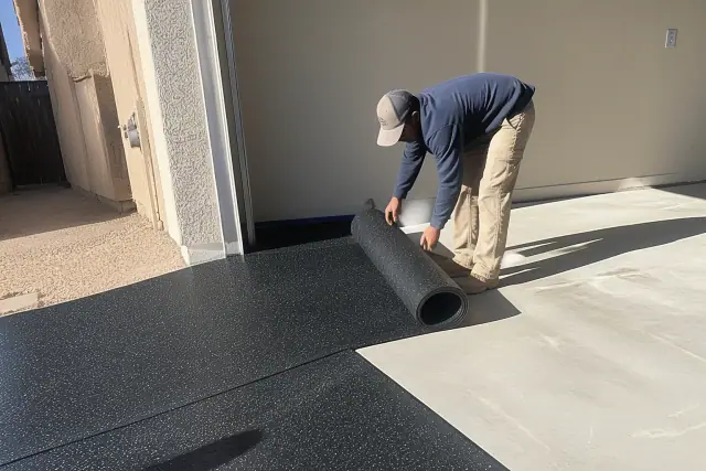 Worker installing black rubber flooring sheets on a concrete garage floor in Phoenix, AZ.