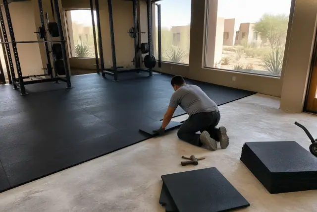 Technician installing rubber gym flooring tiles on a concrete slab in a Phoenix, AZ fitness facility.
