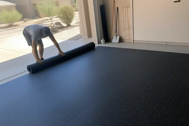 A worker installing rubber flooring on a concrete garage floor in Phoenix, AZ.
