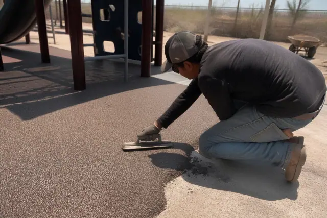 Technician troweling rubber safety flooring around play equipment at a job site in Phoenix, AZ.