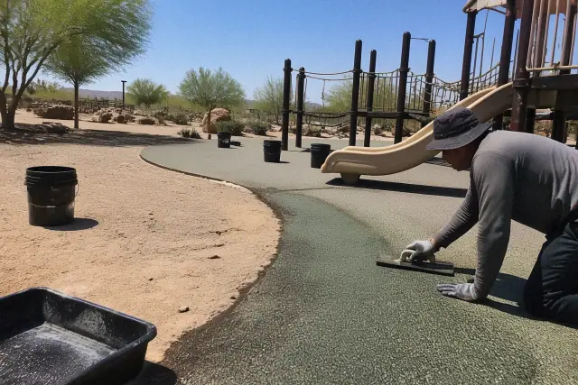 Technician troweling rubber playground surfacing around equipment in Phoenix, AZ.