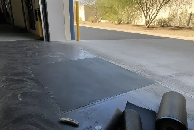 Rubber flooring patch repair at a warehouse loading dock in Phoenix, AZ, with tools and material rolls.