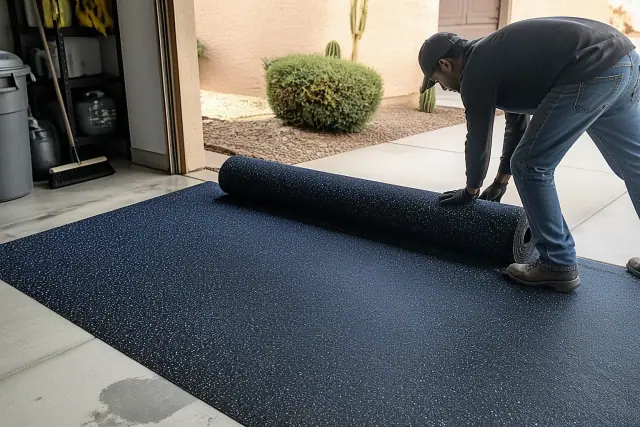 Contractor unrolling recycled rubber flooring on a concrete garage floor in Phoenix, AZ.