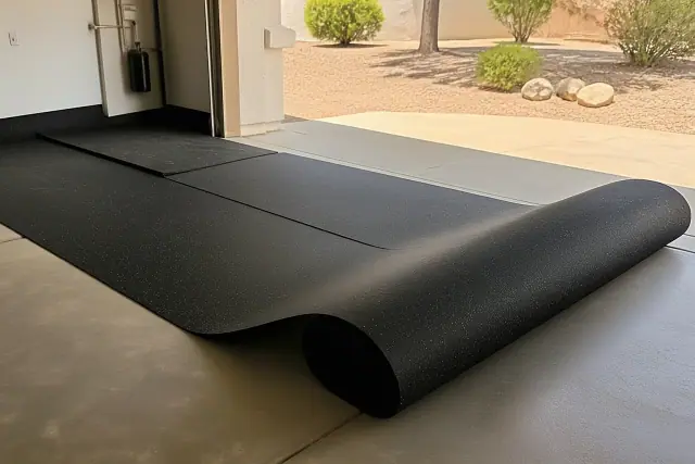 Recycled rubber flooring being unrolled across a concrete garage floor in Phoenix, AZ.