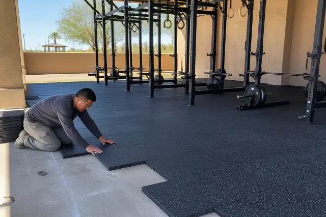 Contractor installing heavy-duty rubber floor tiles in a Phoenix, AZ fitness center free-weight zone.