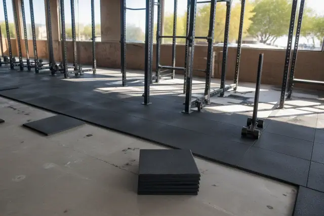 Technician installing heavy-duty rubber floor tiles over a concrete slab in a Phoenix, AZ gym with squat racks.