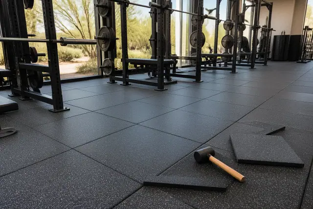 New rubber flooring tiles installed in a commercial gym in Phoenix, AZ, showing precise cuts and seams around squat racks.