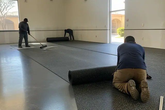 Contractors installing high-density rubber flooring for a school athletic area in Phoenix, AZ.