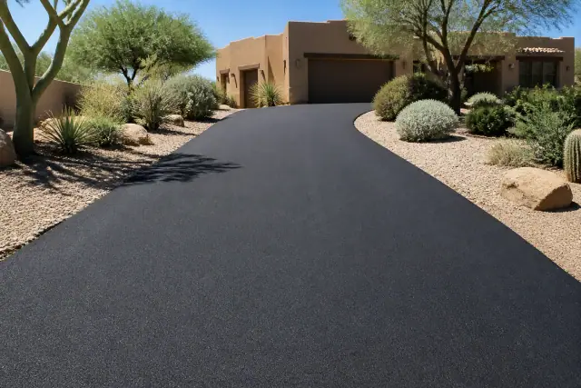 Freshly paved black asphalt driveway at a residential home in Scottsdale, AZ.