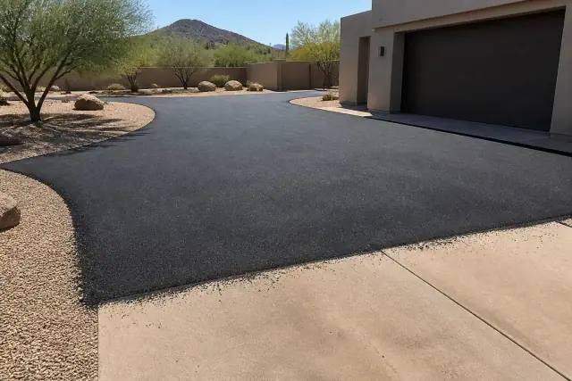Newly paved asphalt driveway at a residential home in Scottsdale, AZ.