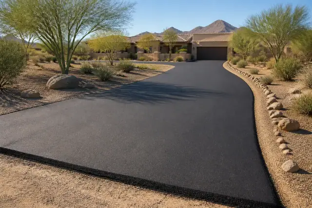 Freshly paved asphalt driveway in a sunny Scottsdale, AZ neighborhood with desert landscaping.
