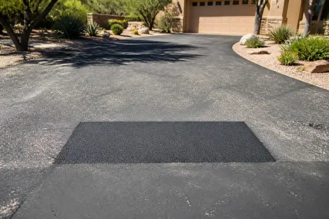 Freshly repaired asphalt patch on a residential driveway in Scottsdale, AZ.