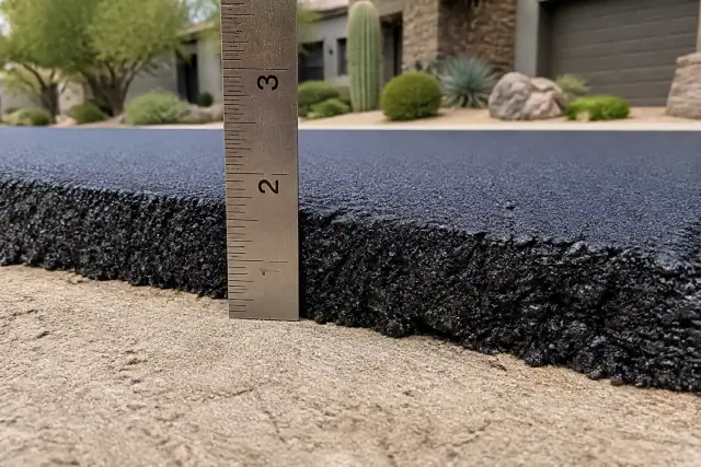 A ruler measuring a two-inch layer of fresh asphalt on a new residential driveway in Scottsdale, AZ.