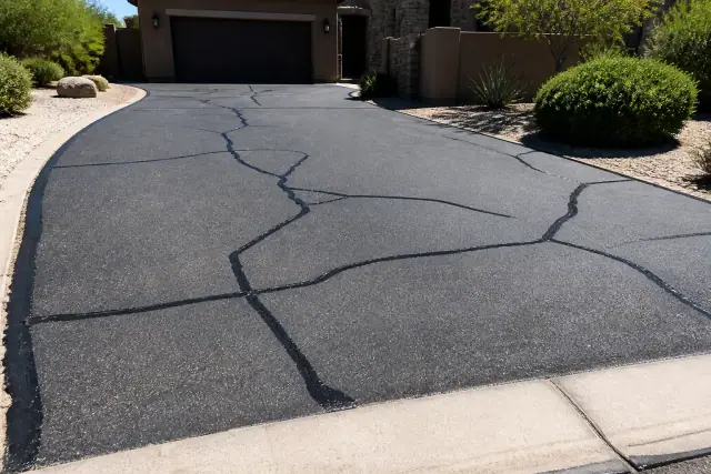Freshly sealed asphalt driveway cracks on a residential property in Scottsdale, AZ.