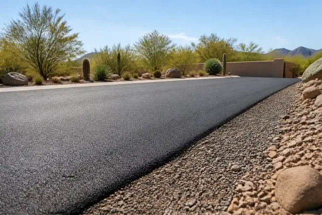 Freshly paved asphalt driveway with a gravel border in a residential neighborhood of Scottsdale, AZ.