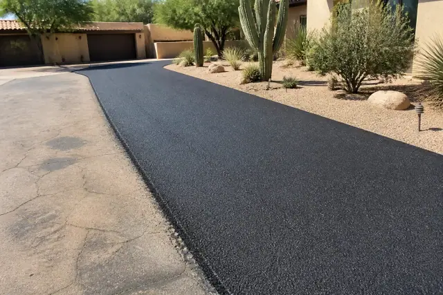 Freshly paved dark asphalt driveway at a residential home in Scottsdale, AZ.