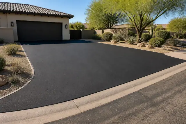 Freshly paved black asphalt driveway at a residential home in Scottsdale, AZ.