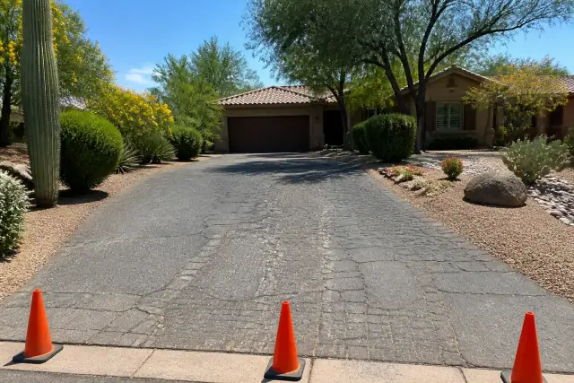 Cracked asphalt driveway in Scottsdale, AZ, prepared with traffic cones before a sealing project.