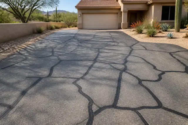 Freshly sealed cracks on a residential asphalt driveway in Scottsdale, AZ.